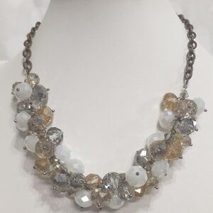 Vintage Glass Bead Cluster Bib Necklace Smoky White Champagne Faceted Statement